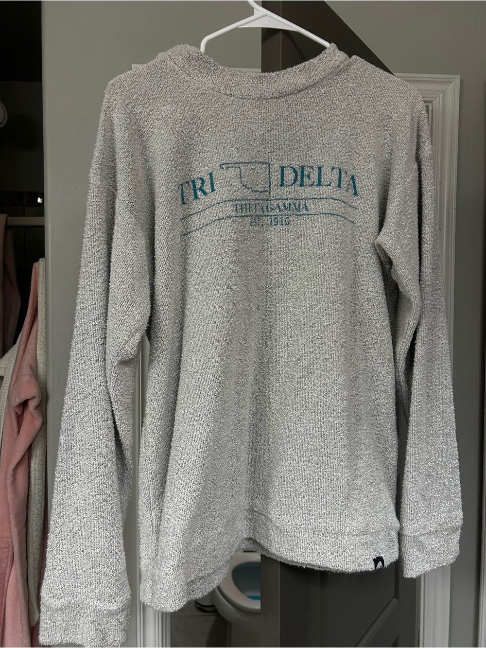 Tri Delta Cozy Heather Gray Pullover with Teal Print